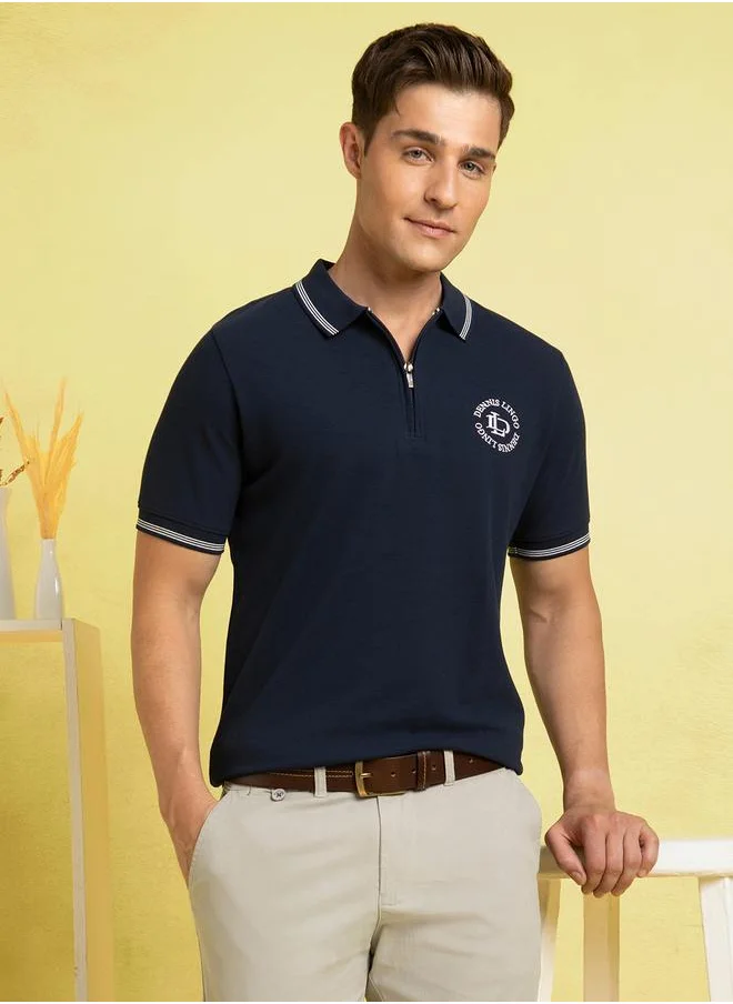 دينيس لينغو Navy Polo T-Shirt for Men with a rib collar, satin fill embroidery, and zipper detailing, designed in a solid pique fabric for a modern and trendy look.