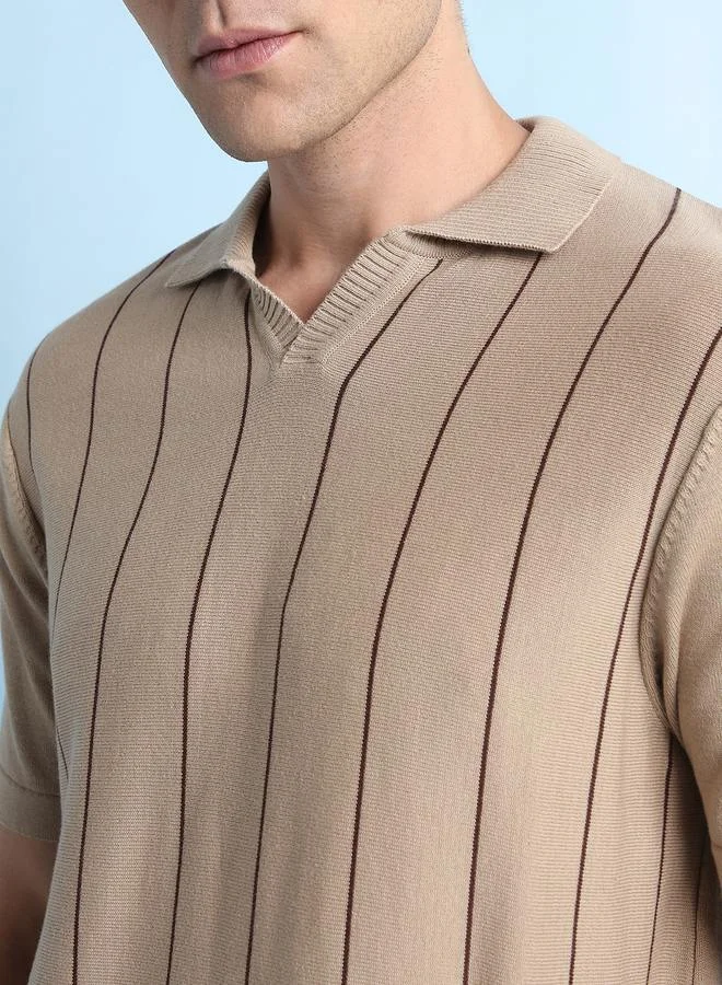 Dennis Lingo Men's Beige 100% Cotton Striped Regular Fit T-Shirt