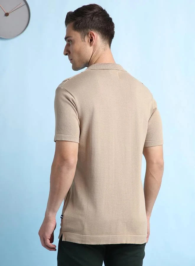 Dennis Lingo Men's Beige 100% Cotton Striped Regular Fit T-Shirt