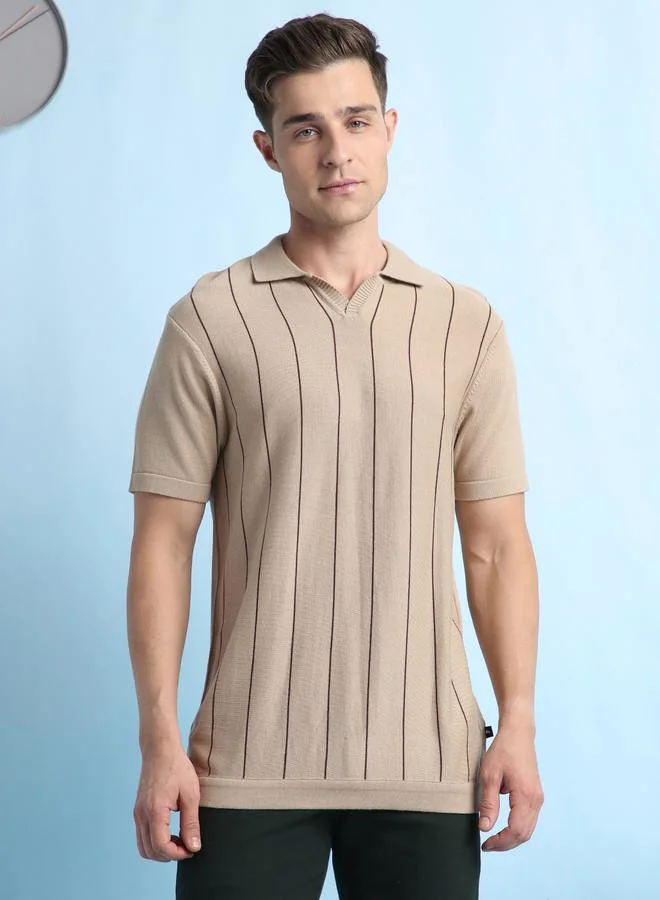 Dennis Lingo Men's Beige 100% Cotton Striped Regular Fit T-Shirt