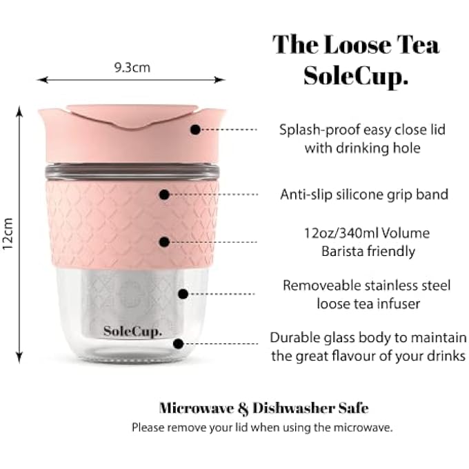 SoleCup. Travel Mug Loose Tea Infuser  Detachable Tea Strainer With Spillproof Lid  BpaFree Reusable Glass Travel Coffee Cup With Silicone Band Pink - Image 3