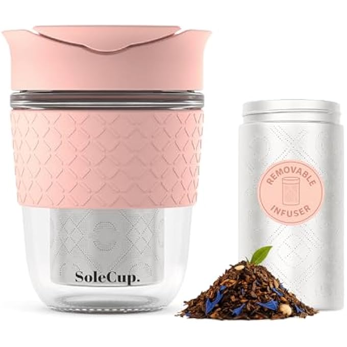 SoleCup. Travel Mug Loose Tea Infuser  Detachable Tea Strainer With Spillproof Lid  BpaFree Reusable Glass Travel Coffee Cup With Silicone Band Pink - Image 1
