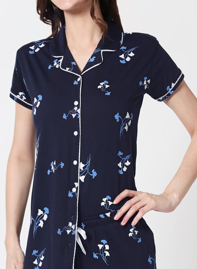 Zeyo Women Navy Blue Floral Printed Night Suit - Image 2