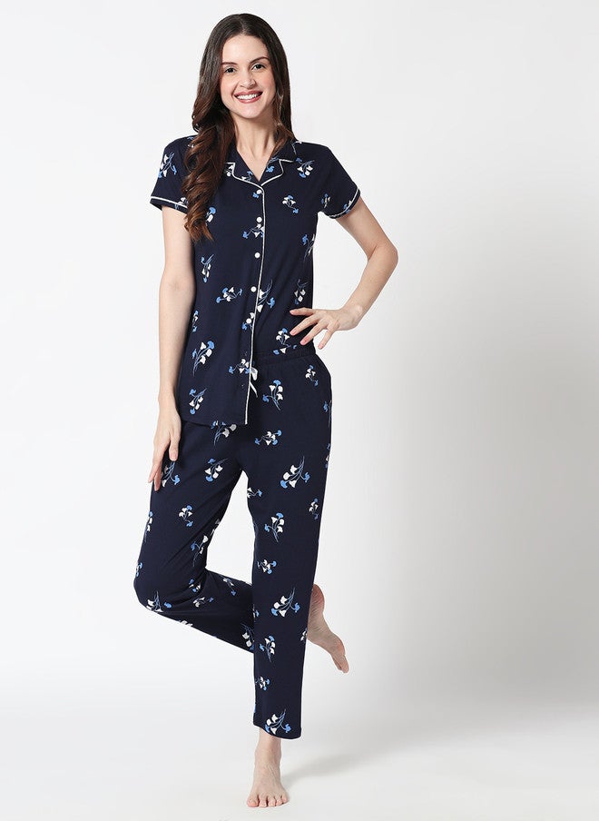 Zeyo Women Navy Blue Floral Printed Night Suit - Image 3