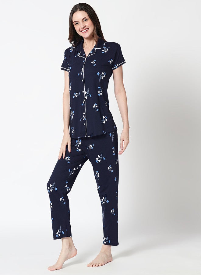 Zeyo Women Navy Blue Floral Printed Night Suit - Image 4