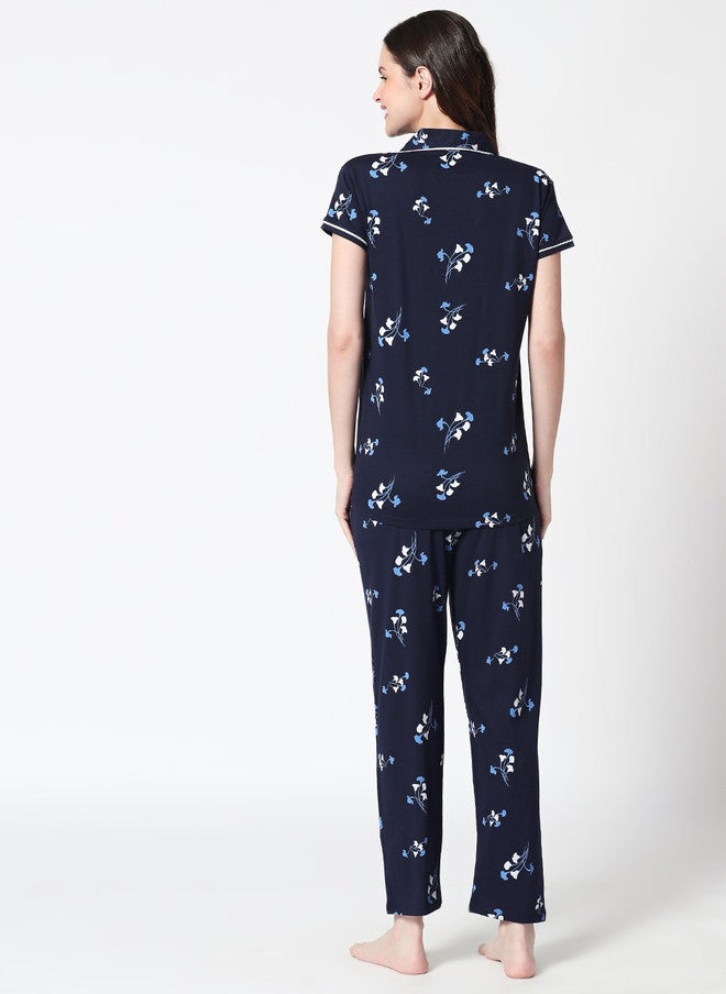 Zeyo Women Navy Blue Floral Printed Night Suit - Image 5