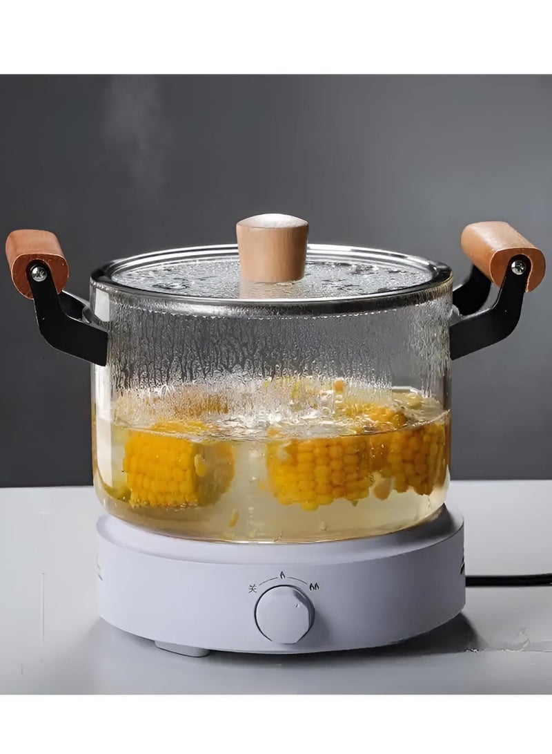 2.5L - Glass Saucepan with Lid and Double Wooden Handle, Heat-Resistant Glass Stovetop Clear Cooktop Safe for Pasta Noodle, Soup, Food Making or Heating  - Image 3