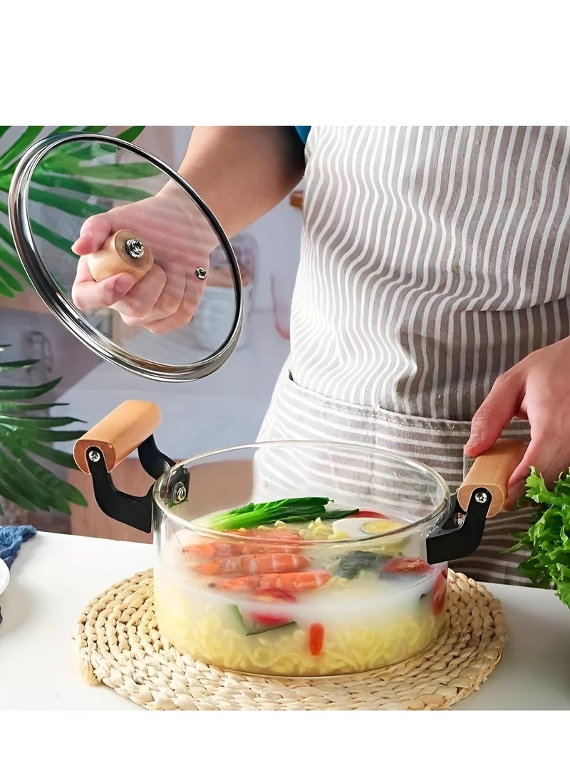 2.5L - Glass Saucepan with Lid and Double Wooden Handle, Heat-Resistant Glass Stovetop Clear Cooktop Safe for Pasta Noodle, Soup, Food Making or Heating  - Image 2