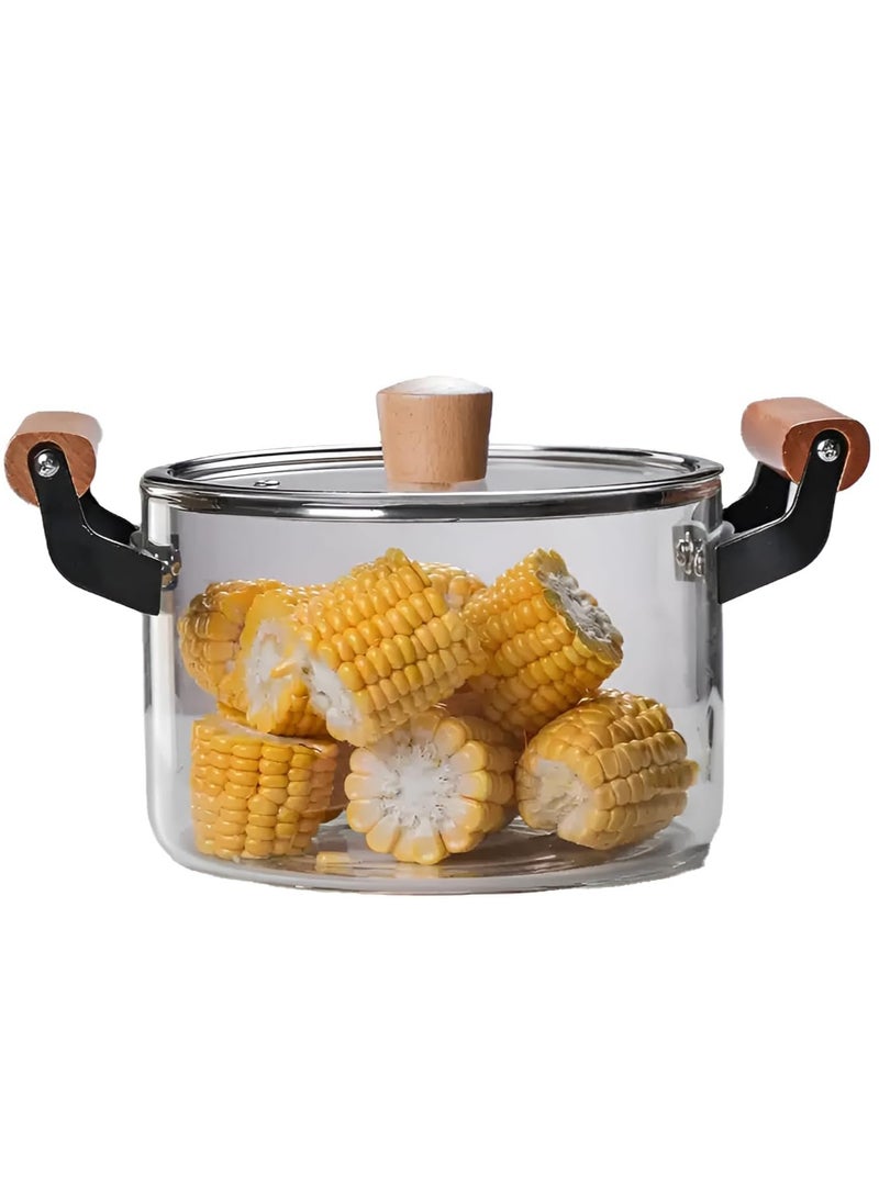 2.5L - Glass Saucepan with Lid and Double Wooden Handle, Heat-Resistant Glass Stovetop Clear Cooktop Safe for Pasta Noodle, Soup, Food Making or Heating  - Image 1