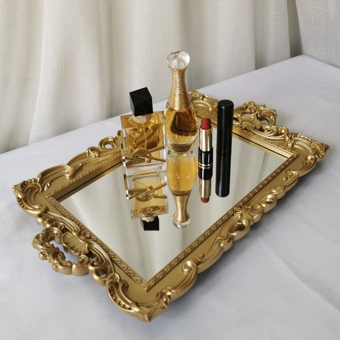 SHELL RECTANGLE DECORATIVE MIRROR TRAY FRENCH STYLE MAKEUP ORGANIZER JEWELRY ORGANIZER SERVING TRAY 93X 149 GOLD