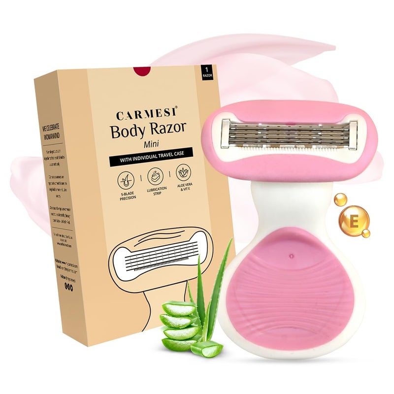 CARMESI Carmesi women Body Razor Mini with Travel Case  Pink  5Blade Precision  Lubrication Strip Infused with Aloe Vera  Vitamin E  for Smooth Shave  1 Count