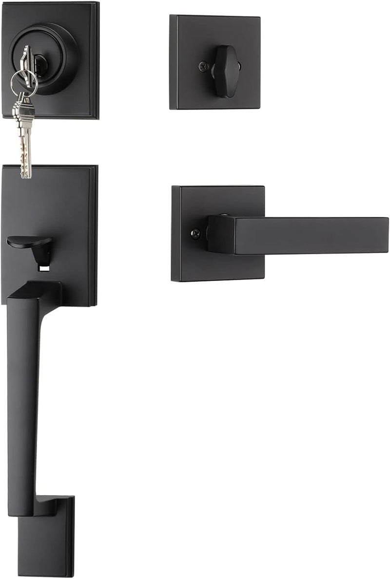 Haidms Black Front Door Handle and Deadbolt Set, Entry Door Handle and Deadbolt with Reversible Handle Lever,Front Door Lock Set, Exterior Door Handles and Locks - Image 1