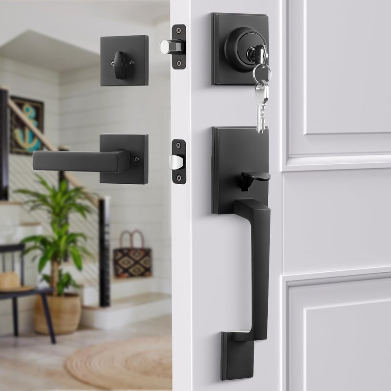 Haidms Black Front Door Handle and Deadbolt Set, Entry Door Handle and Deadbolt with Reversible Handle Lever,Front Door Lock Set, Exterior Door Handles and Locks - Image 2