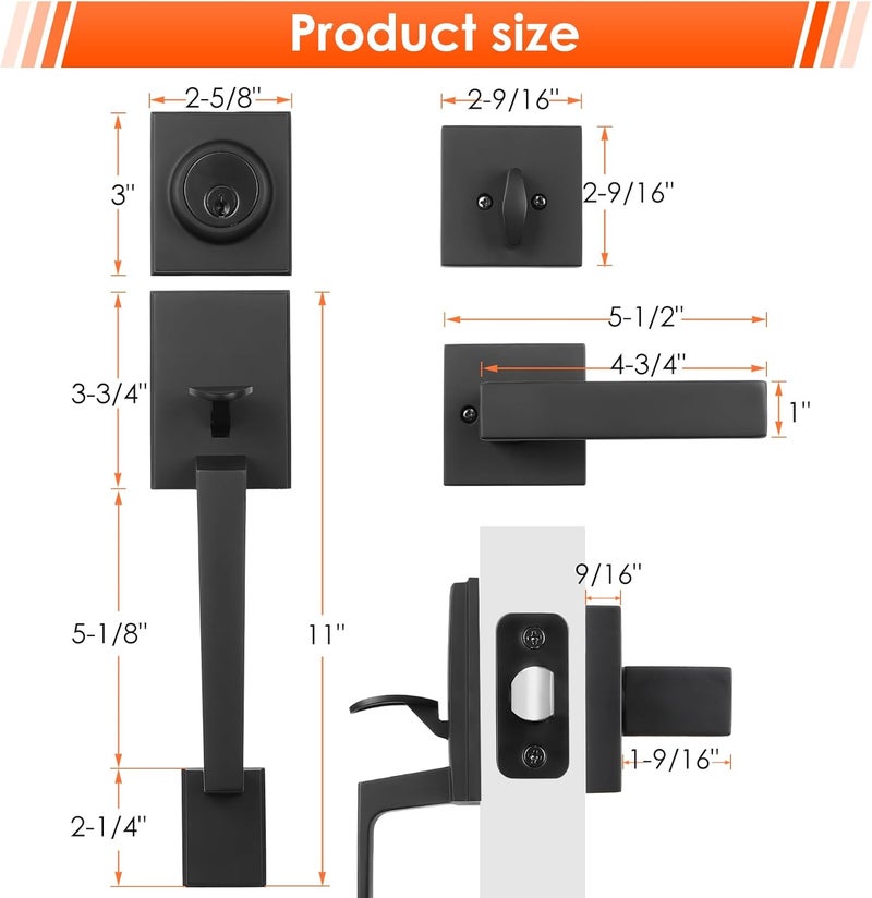 Haidms Black Front Door Handle and Deadbolt Set, Entry Door Handle and Deadbolt with Reversible Handle Lever,Front Door Lock Set, Exterior Door Handles and Locks - Image 5
