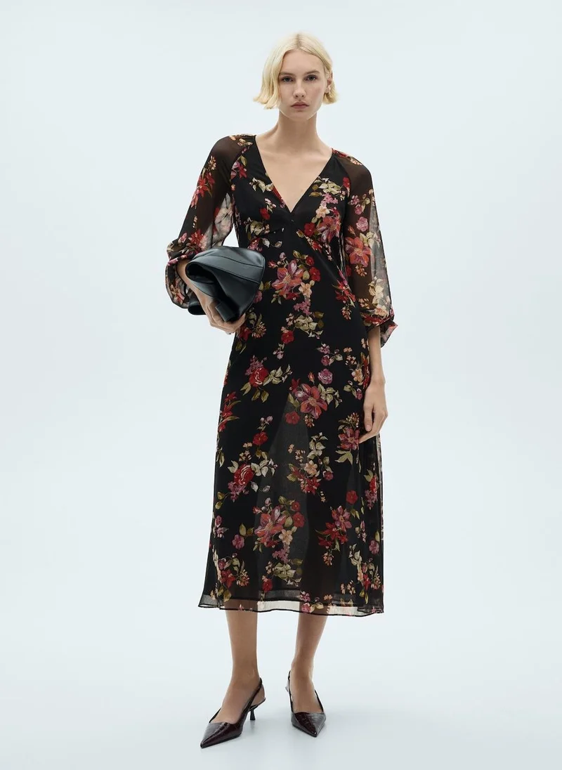 مانجو Floral Puff-Sleeve Dress