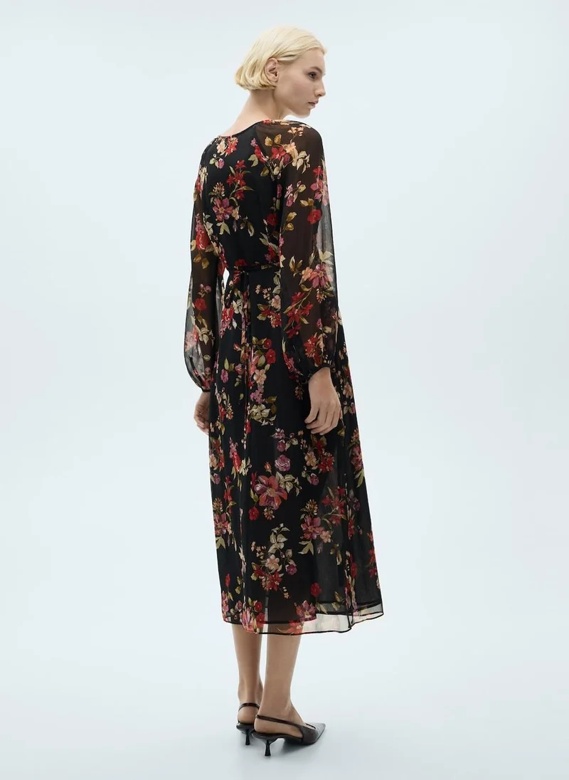 مانجو Floral Puff-Sleeve Dress