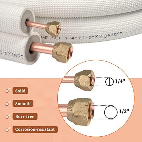 Wostore 16 Ft. Line Set 1/4&1/2 Inch 3/8 PE for Mini Split Air Conditioner Insulated Coil Copper Pipes HVAC with Fittings - Image 3