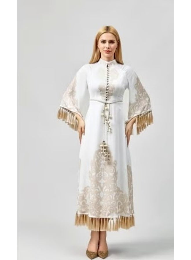 FULL JOY Long White Dress with Golden Prints, Wide Sleeves and Belt - Image 1