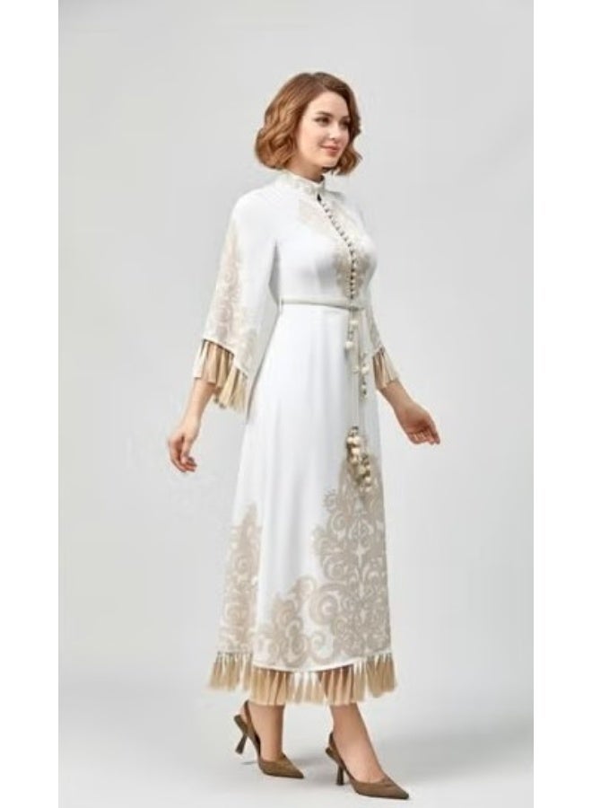 FULL JOY Long White Dress with Golden Prints, Wide Sleeves and Belt - Image 2