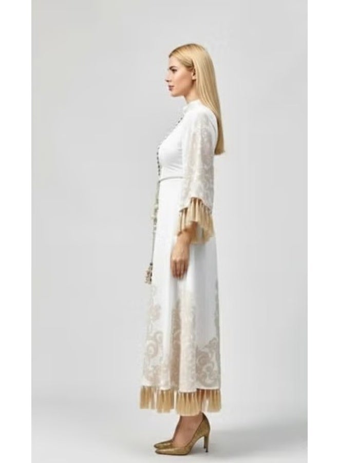 FULL JOY Long White Dress with Golden Prints, Wide Sleeves and Belt - Image 5