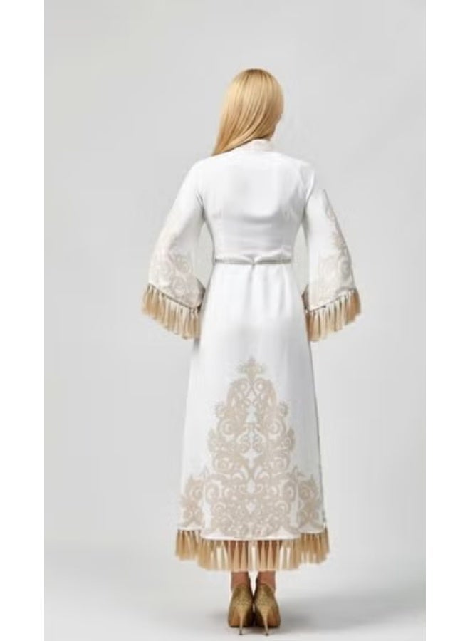 FULL JOY Long White Dress with Golden Prints, Wide Sleeves and Belt - Image 4