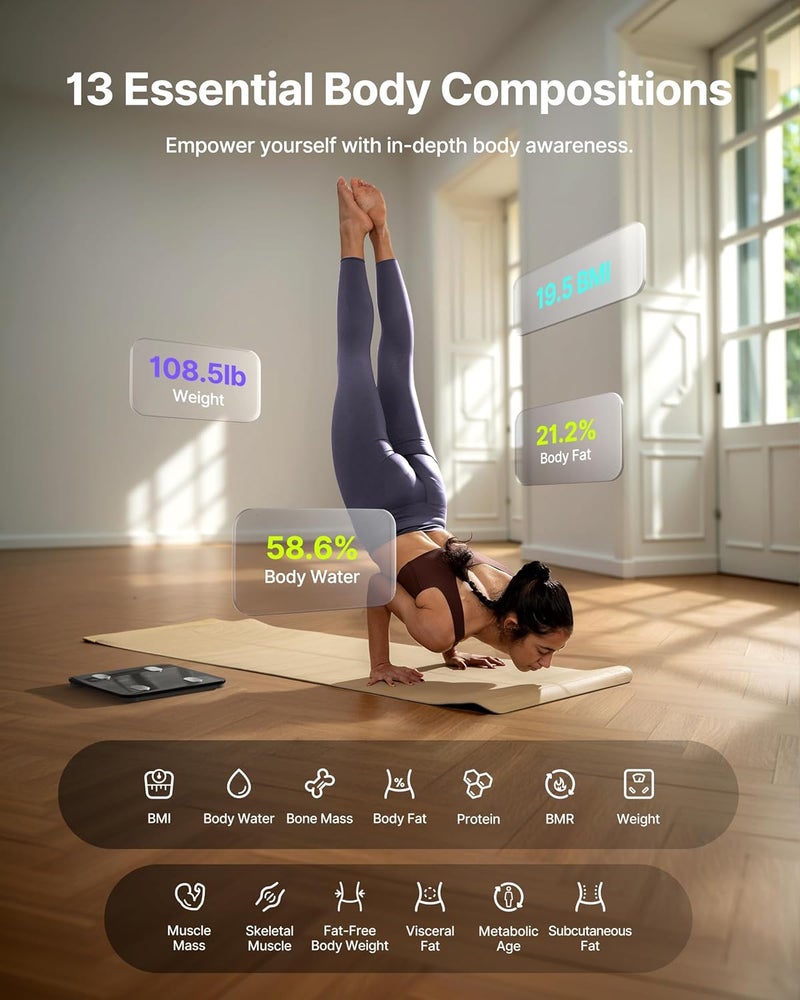 فيتينديكس ميزان FITINDEX الذكي لوزن الجسم، ميزان حمام رقمي لدهون الجسم ومؤشر كتلة الجسم والعضلات، آلة وزن مع جهاز مراقبة وتحليل تكوين الجسم عبر البلوتوث، يتزامن مع التطبيقات للأشخاص - أسود - Image 3