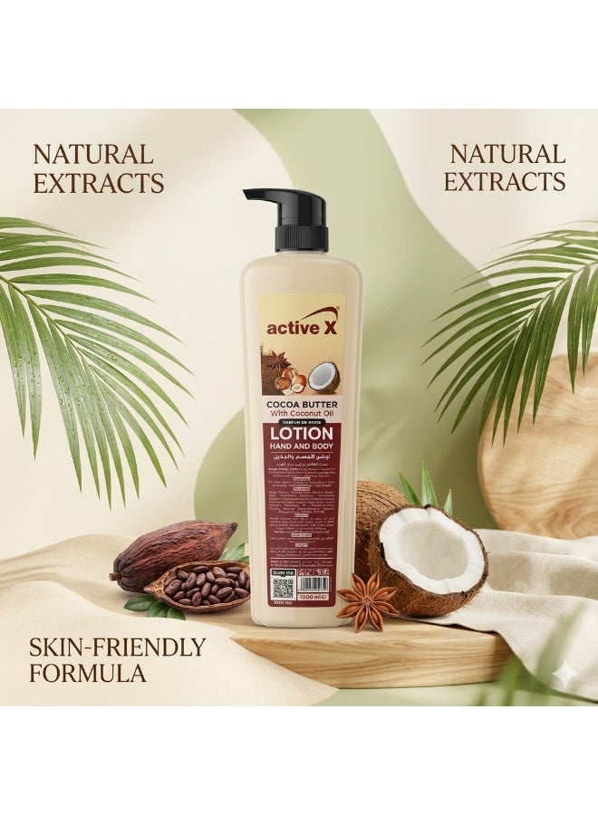 ACTIVEX Active X Cocoa Butter Hand & Body Lotion 1000ml with Coconut Oil – Deep Moisturizing Lotion for Dry Skin (UAE) - Image 2