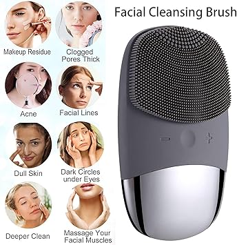 Songqee Facial Cleansing Brush 3 in 1 Electric Silicone Face Massage Brush IPX7 Waterproof Face Scrubber USB Rechargeable Face Skin Cleanser for Blackhead Remove Exfoliating Deep Cleanning Gray - Image 2