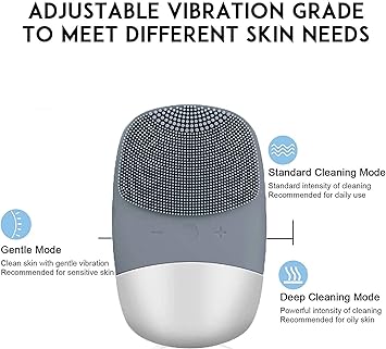 Songqee Facial Cleansing Brush 3 in 1 Electric Silicone Face Massage Brush IPX7 Waterproof Face Scrubber USB Rechargeable Face Skin Cleanser for Blackhead Remove Exfoliating Deep Cleanning Gray - Image 5