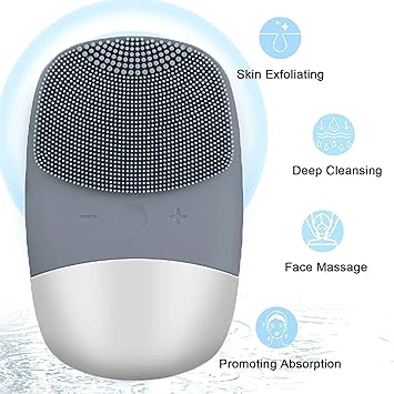 Songqee Facial Cleansing Brush 3 in 1 Electric Silicone Face Massage Brush IPX7 Waterproof Face Scrubber USB Rechargeable Face Skin Cleanser for Blackhead Remove Exfoliating Deep Cleanning Gray - Image 4
