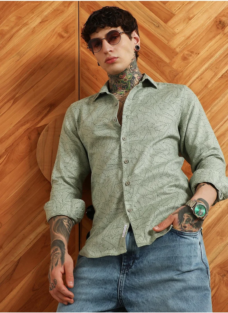 كامبوس سوترا Men's Light Green Leaf Pattern Slim Fit Shirt