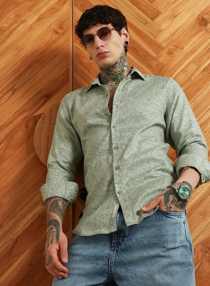 Campus Sutra Men's Light Green Leaf Pattern Slim Fit Shirt  - Image 1