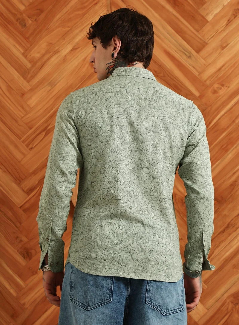 Campus Sutra Men's Light Green Leaf Pattern Slim Fit Shirt