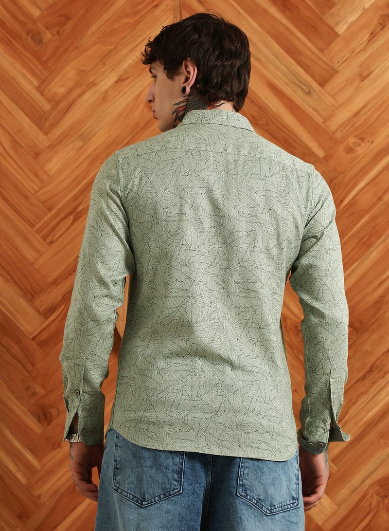 Campus Sutra Men's Light Green Leaf Pattern Slim Fit Shirt  - Image 5