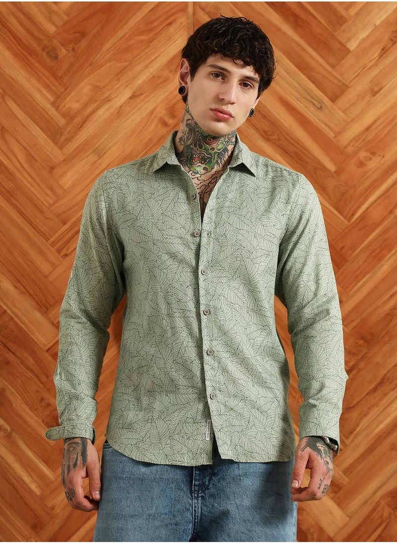 كامبوس سوترا Men's Light Green Leaf Pattern Slim Fit Shirt