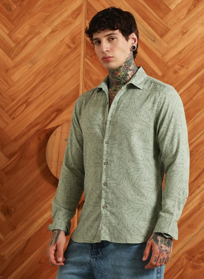 Campus Sutra Men's Light Green Leaf Pattern Slim Fit Shirt  - Image 3