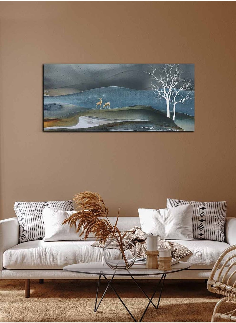 LOWHA Framed Canvas Wall Art Stretched Over Wooden Frame, Panorama Orientation Mountains and Forest Painting, For Home, Living Room, Office Décor  - Image 1