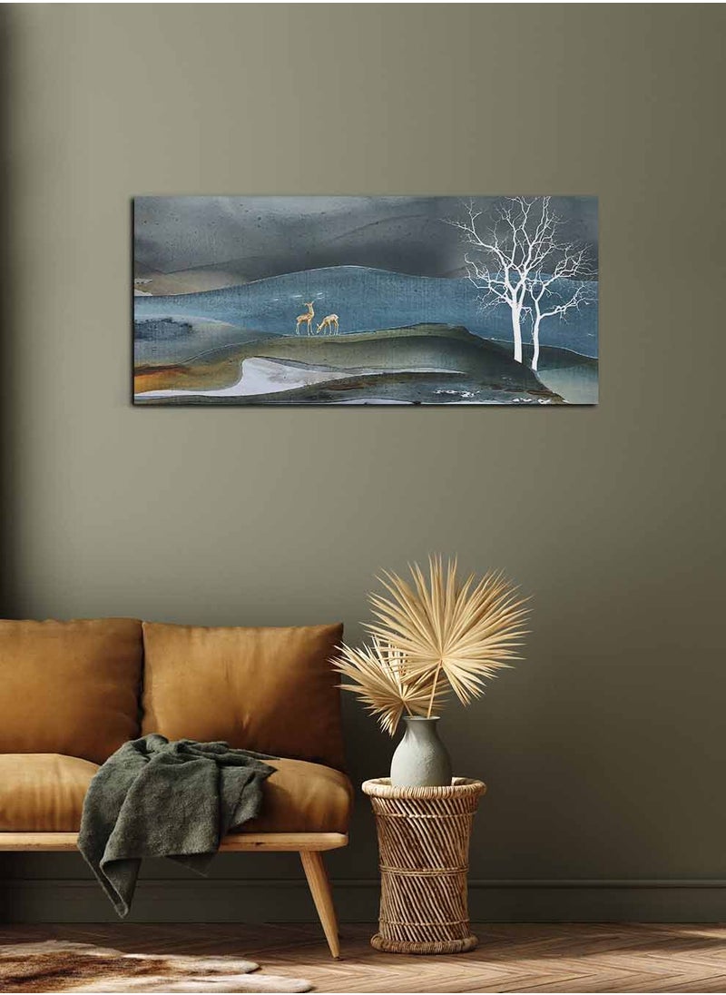 LOWHA Framed Canvas Wall Art Stretched Over Wooden Frame, Panorama Orientation Mountains and Forest Painting, For Home, Living Room, Office Décor  - Image 2
