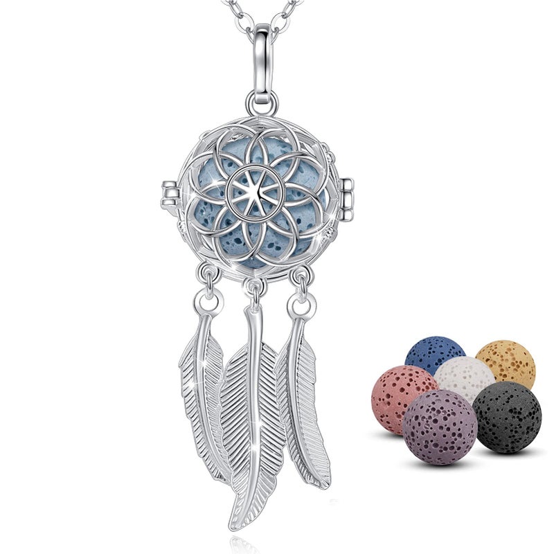 INFUSEU INFUSEU Dreamcatcher Necklace Aromatherapy Gifts Essential Oil Diffuser Lava Rock Stone Pendant Native American Indian Jewelry for Women Dream Catcher Feather Spiritual Meditation Items 