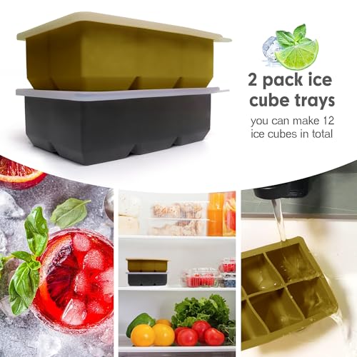 Excnorm Silicone Ice Cube Trays with Lids,Large Square Ice Cube Molds for Freezer, Whiskey, Cocktail, Stackable Flexible and Reusable & Easy Release BPA Free (2 Pack&Dark Gray and Army green) - Image 3