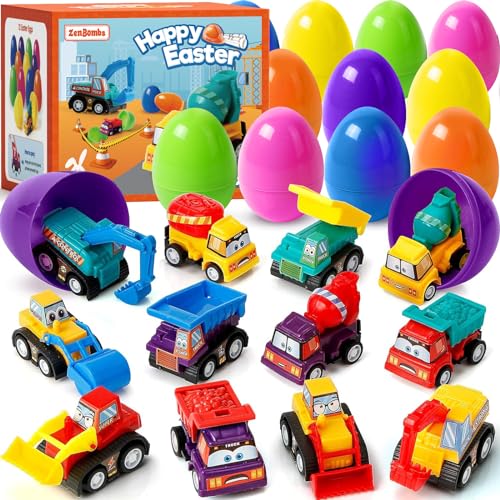 ZenBombs Easter Eggs with Toys Inside12 PCS Colorful Plastic Easter Eggs Filled with Toy Vehicles for KidsSurprise Egg for Easter Egg Hunt Easter Basket Stuffers and Kids Birthday Party Favors - Image 1
