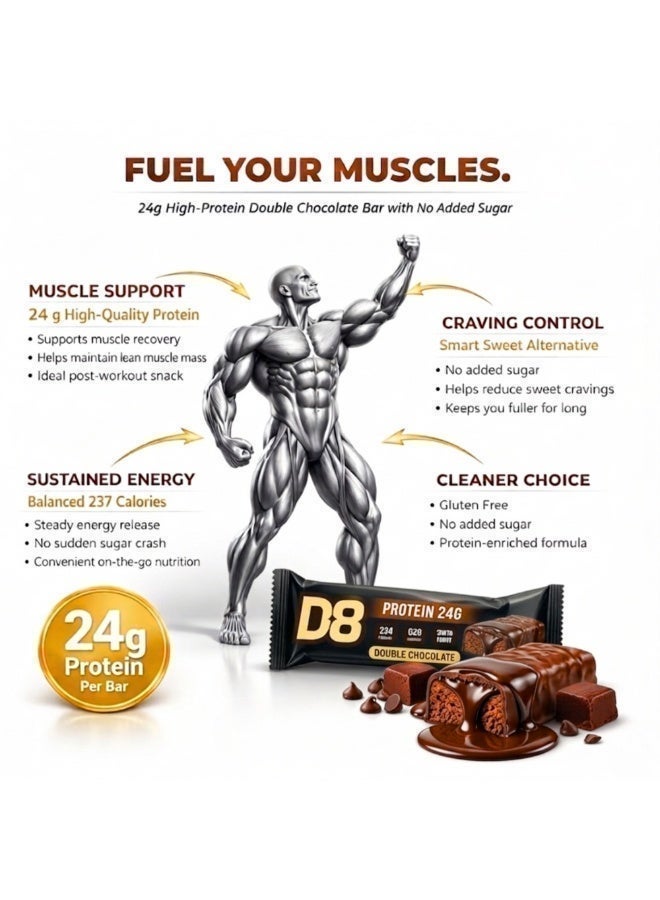 D8 Protein Double Chocolate Bar | 24g Protein Per Bar | No Added Sugar, Gluten Free, Low Calorie | 60g Nutrition Bar for Men & Women | Pack of 12 - Image 4