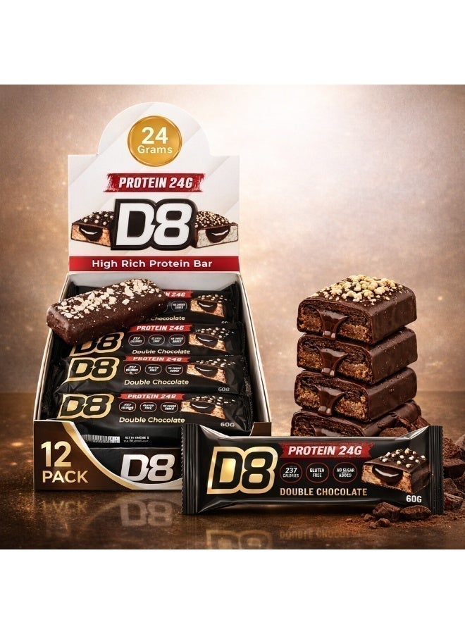 D8 Protein Double Chocolate Bar | 24g Protein Per Bar | No Added Sugar, Gluten Free, Low Calorie | 60g Nutrition Bar for Men & Women | Pack of 12 - Image 1