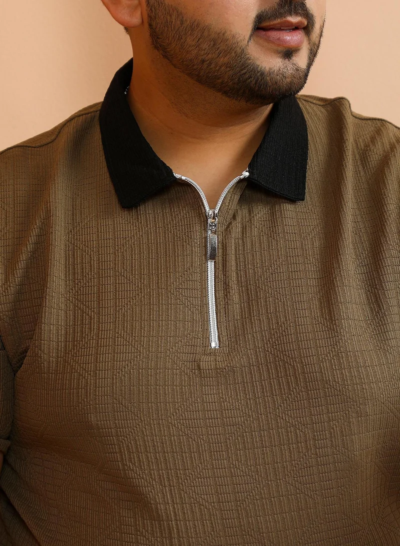 Instafab Plus  Men's Olive Green Oblique-Block Polo T-Shirt for Men | Best Price UAE
