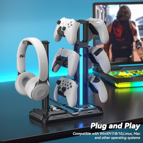 KDD RGB Multi-Controller Holder with 9 Light Modes - Rotatable Universal Headphone Hanger - Controller Stand with 6 Detachable Hooks for Desktop Gamer Accessories - Image 3