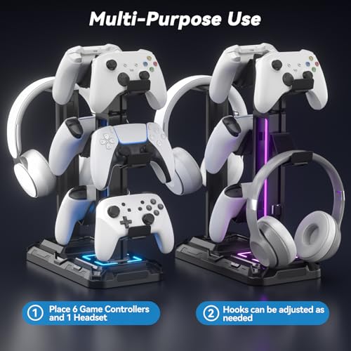KDD RGB Multi-Controller Holder with 9 Light Modes - Rotatable Universal Headphone Hanger - Controller Stand with 6 Detachable Hooks for Desktop Gamer Accessories - Image 4