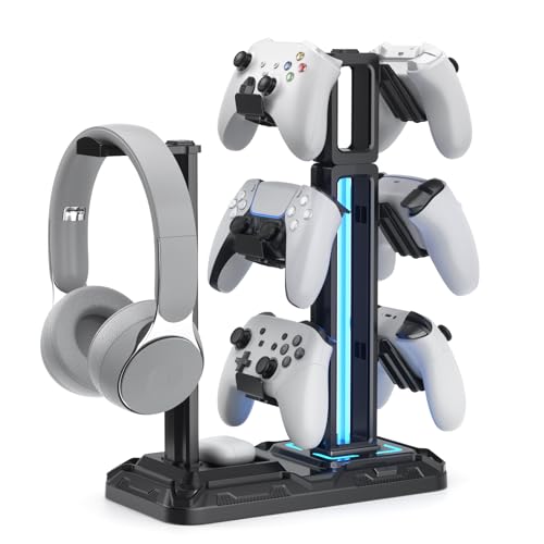 KDD RGB Multi-Controller Holder with 9 Light Modes - Rotatable Universal Headphone Hanger - Controller Stand with 6 Detachable Hooks for Desktop Gamer Accessories - Image 1