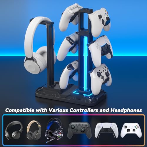 KDD RGB Multi-Controller Holder with 9 Light Modes - Rotatable Universal Headphone Hanger - Controller Stand with 6 Detachable Hooks for Desktop Gamer Accessories - Image 5