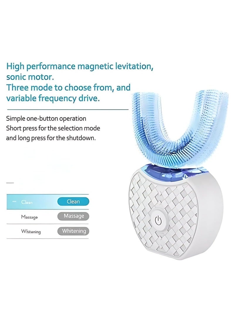 White Ultrasonic U-Shaped Toothbrush, 360° Automatic Tooth Cleaner