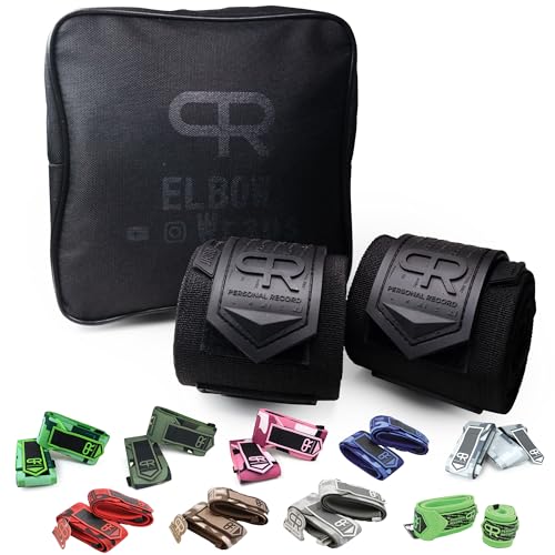 PR Personal Record Elbow Wraps for Weightlifting - Heavy Duty Construction, 25% More Elasticity, Reinforced Stitching, Extra Wide Fastener, Easy to Adjust, All Black - Image 1